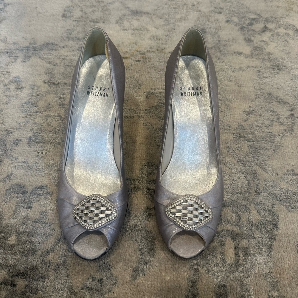 Stuart Weitzman Silver Peep-Toe Heels